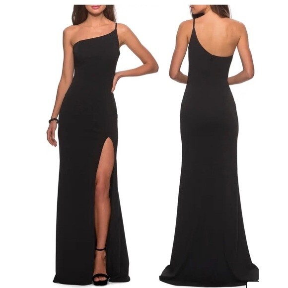 LA FEMME One-Shoulder Jersey Gown in Black 6 - Picture 2 of 12